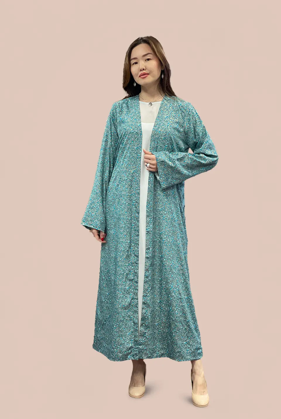 Turquoise & Grey Pattern Crepe Abbaya