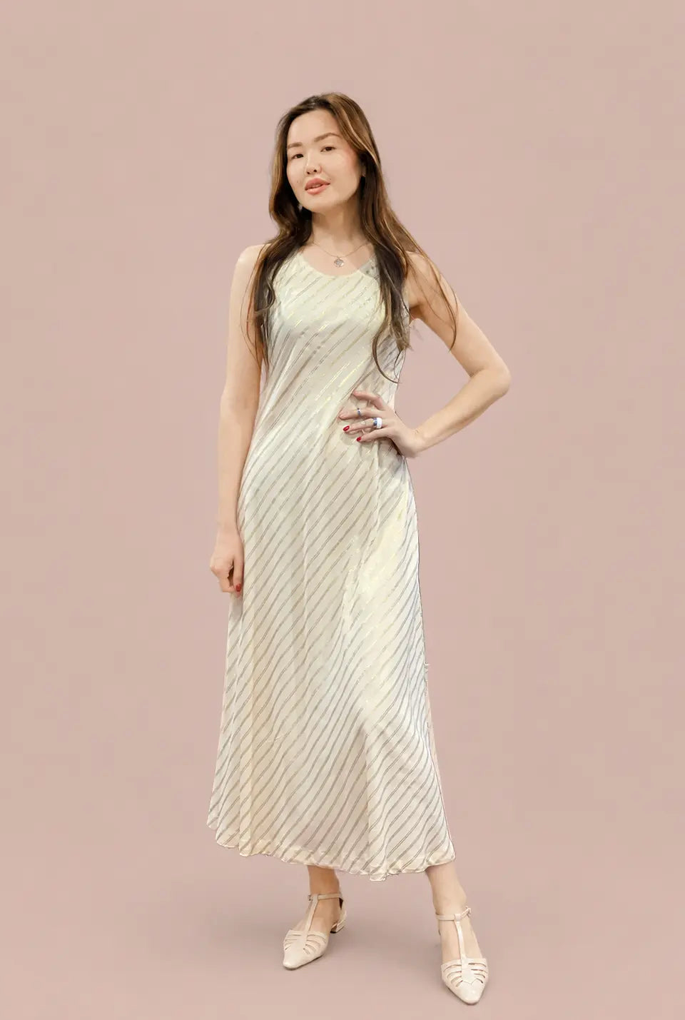 Cream Georgette Dress with Gold Stripes