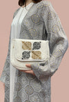Grey Velvet Handbag with Black & Brown Design