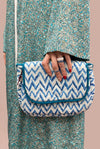 Cream Cotton Handbag with Blue Zigzag Design