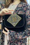 Black Velvet Handbag with Gold & Blue Design