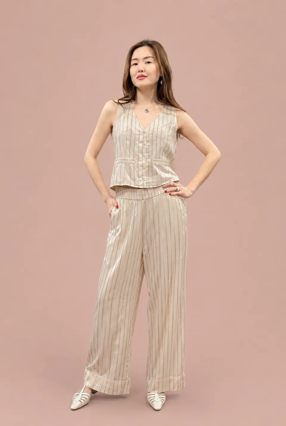 Cream Rayon Shirt with Gold Stripes