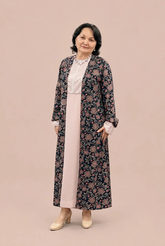 Navy Blue Floral Rayon Abbaya
