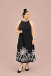 Black Rayon Dress with Floral Hem