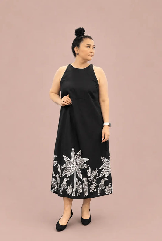 Black Rayon Dress with Floral Hem