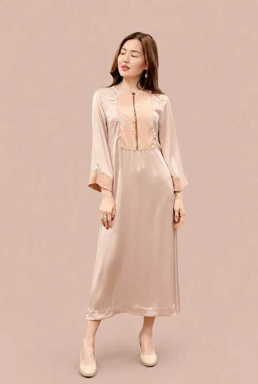 Peach Satin Silk Dress with Gold Piping