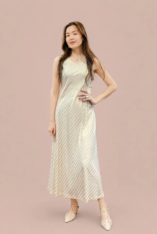 Cream Georgette Dress with Gold Stripes