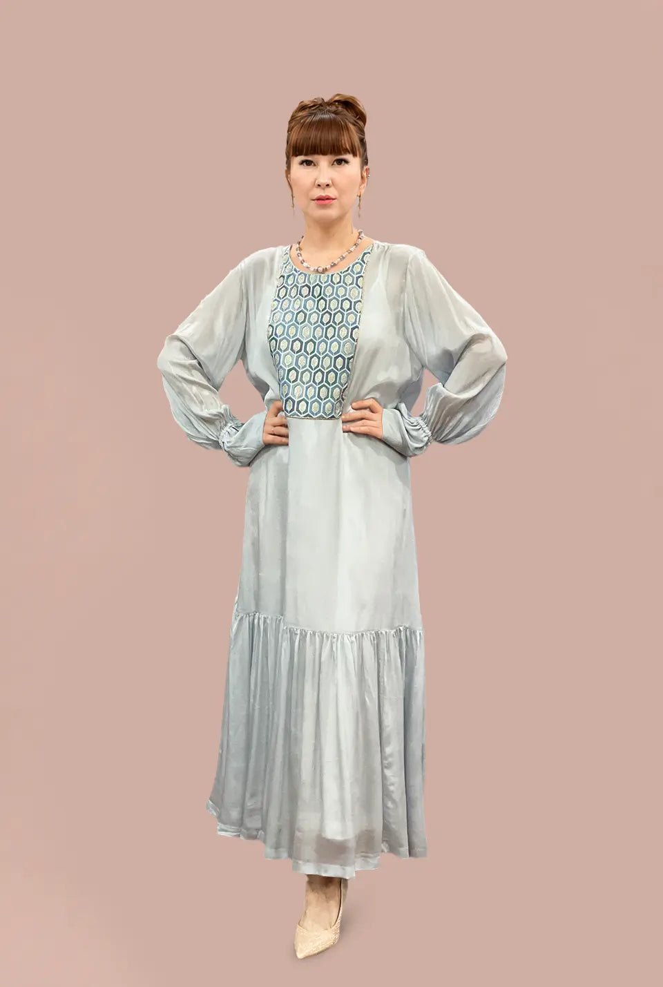 Grey Rayon Dress with Blue Accents