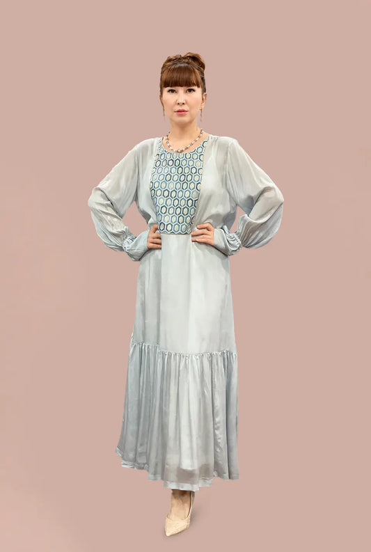 Grey Rayon Dress with Blue Accents