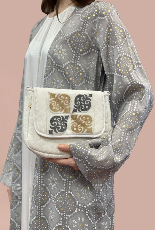 Grey Velvet Handbag with Black & Brown Design