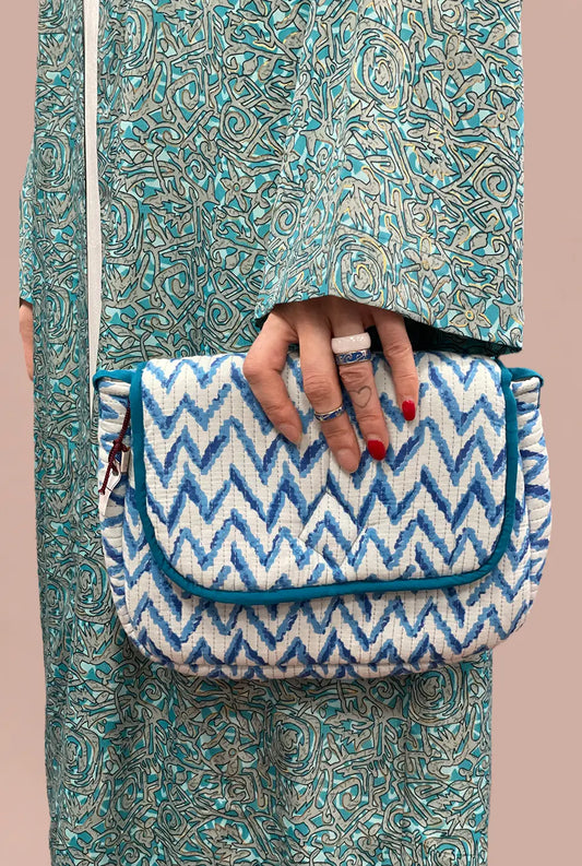 Cream Cotton Handbag with Blue Zigzag Design