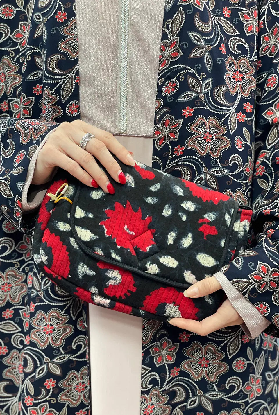 Black Cotton Handbag with Red Design