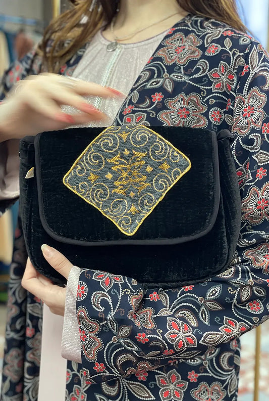 Black Velvet Handbag with Gold & Blue Design