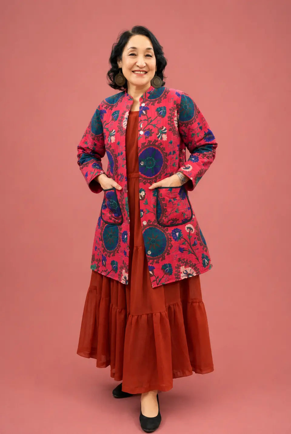 Red & Blue Quilted Medium Long Jacket