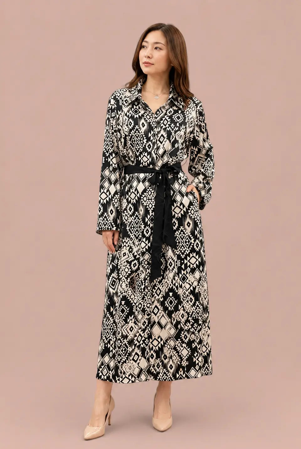 Black Satin Silk Shirt with Grey Geometric Print