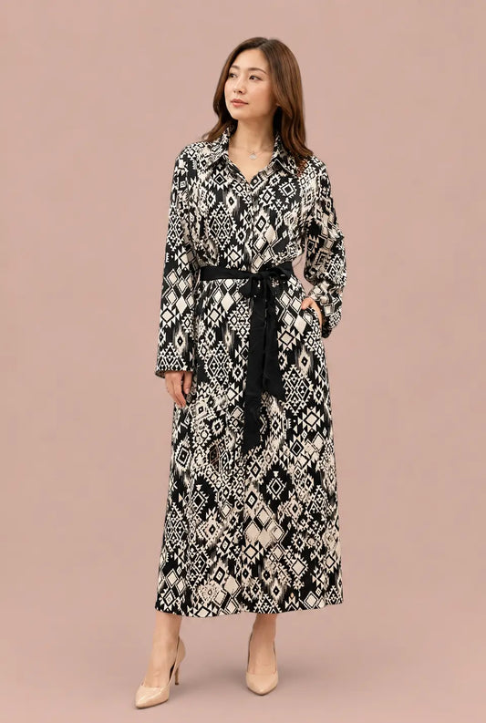Black Satin Silk Shirt with Grey Geometric Print